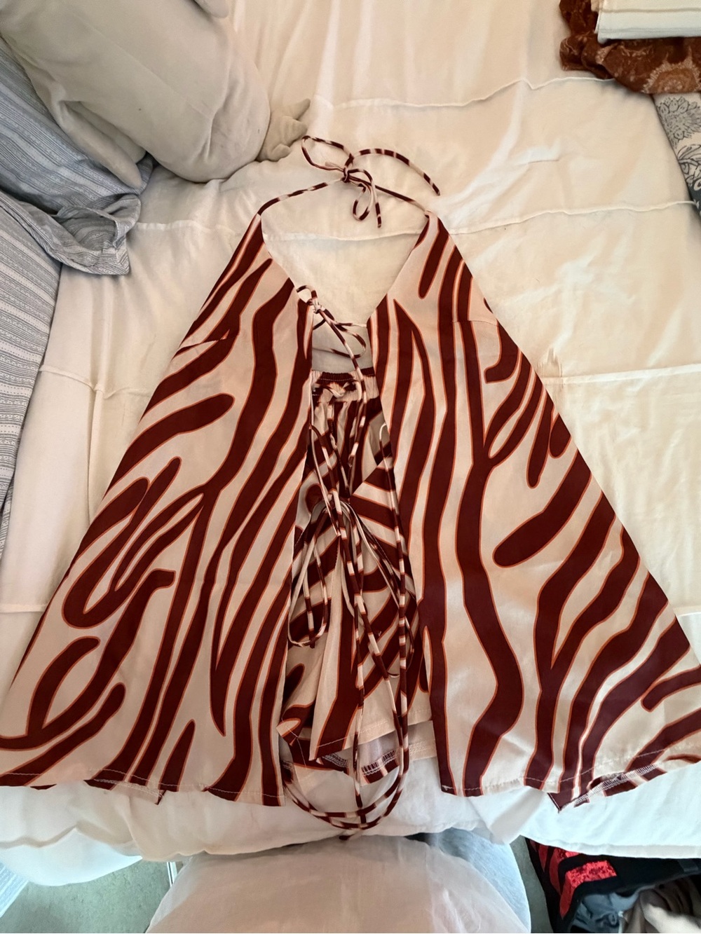 Striped Halter Tank Top and Short Set in Cream & Maroon